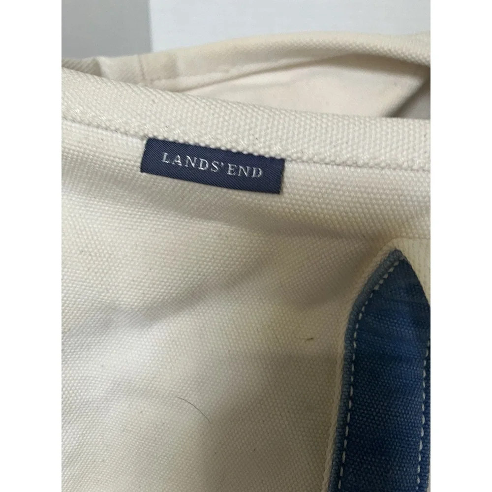 Vintage Lands End Tote 90s Blue White Canvas Large 5 Pocket Double Handle